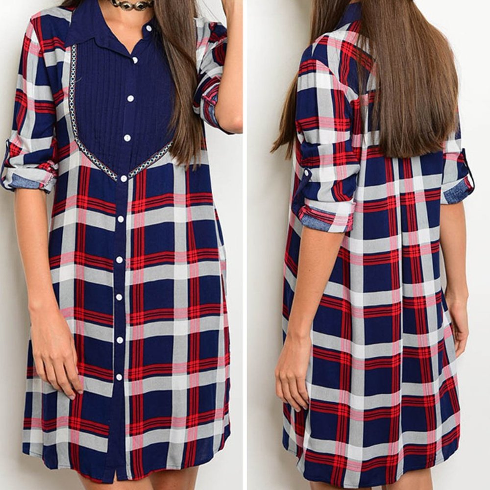 Plaid Button Down Dress 3/4 Roll Up Sleeve Red Navy